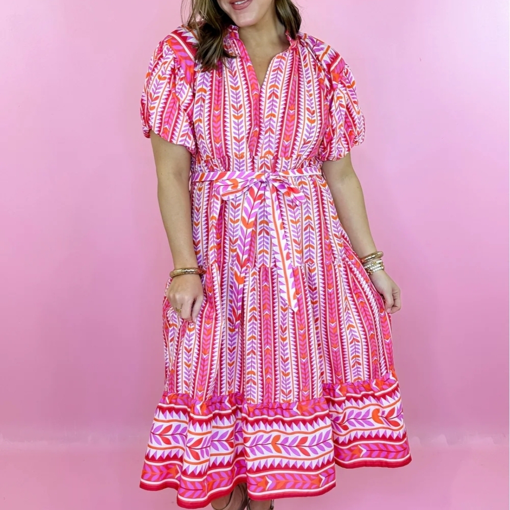 Pink Printed Midi Dress with Tie Waist